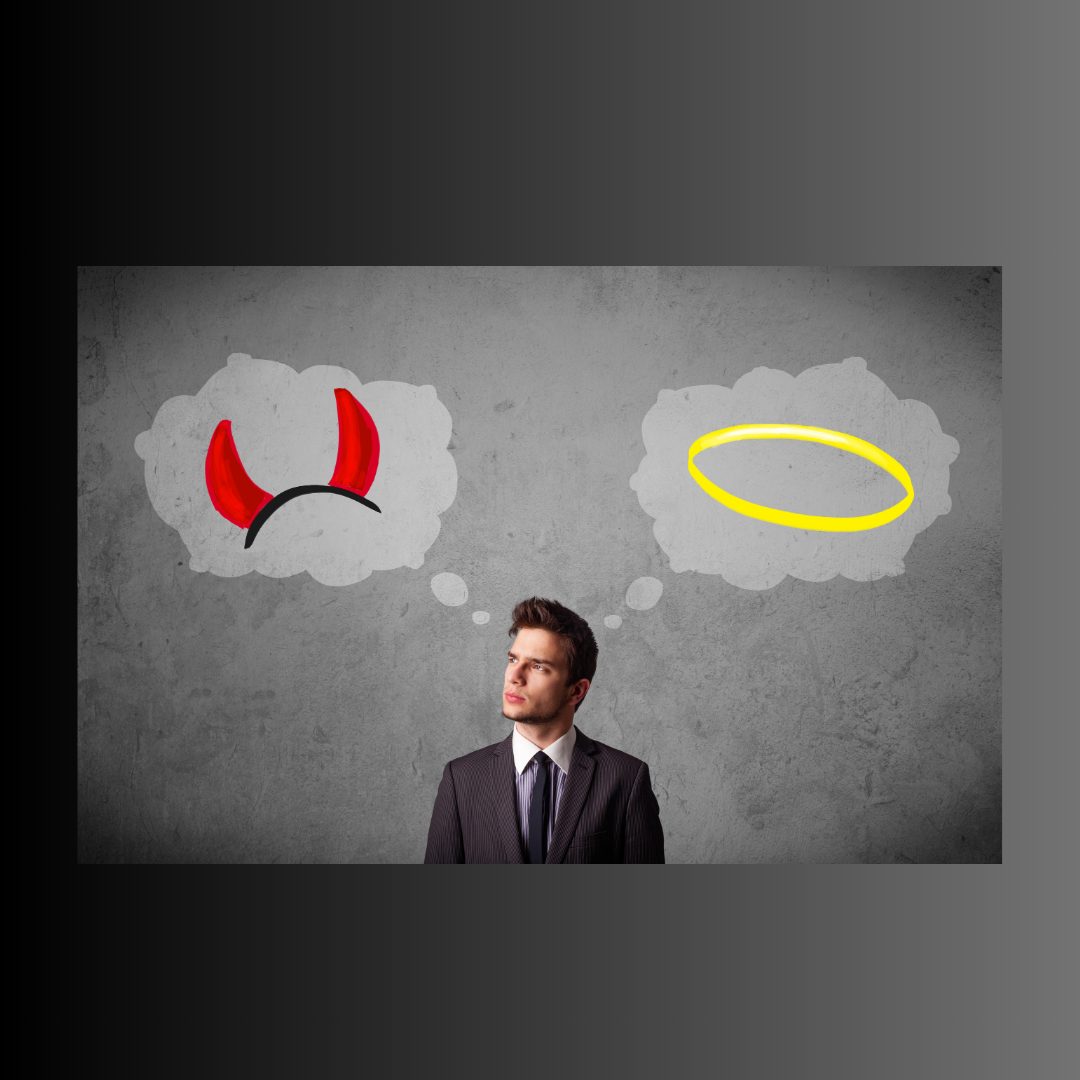 A man in a suit looking thoughtfully to the side, with two thought bubbles above his head. The left bubble contains a drawing of red devil horns, and the right bubble contains a yellow halo.