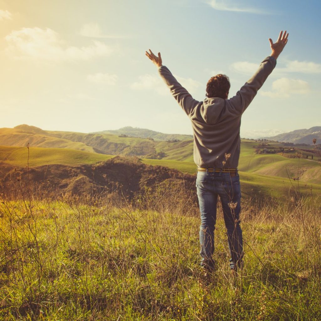 A person standing in a grassy field with their back to the camera, arms raised triumphantly towards the sky. In the background, rolling green hills stretch out under a partly cloudy sky, illuminated by warm sunlight.