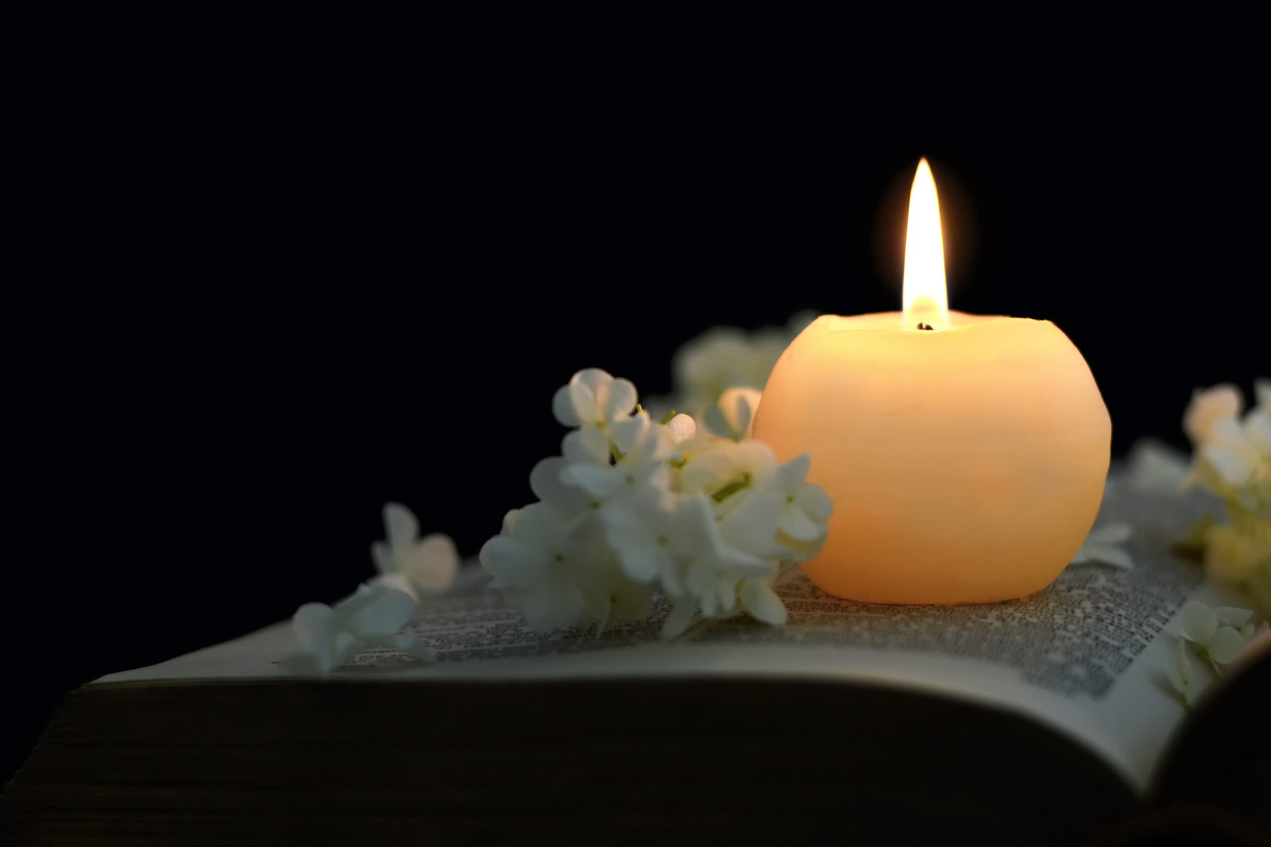 A lit candle placed on an open book, surrounded by white flowers against a dark background, creating a serene and somber atmosphere.